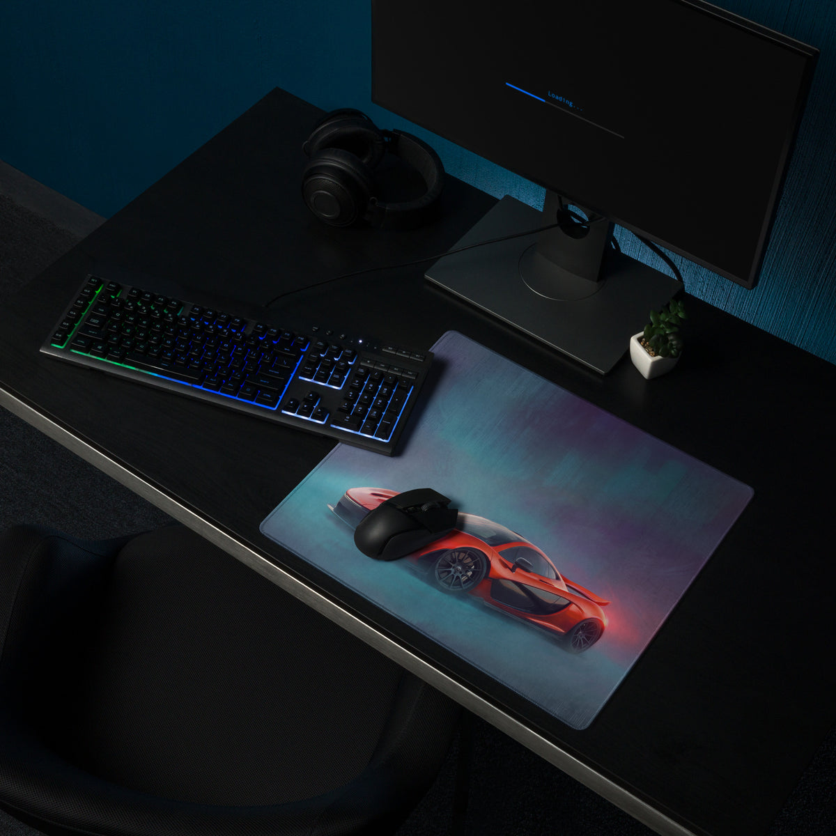 McLaren P1 inspired volcano red xl gaming mousepad with vibrant orange sports car and blue purple lighting effects