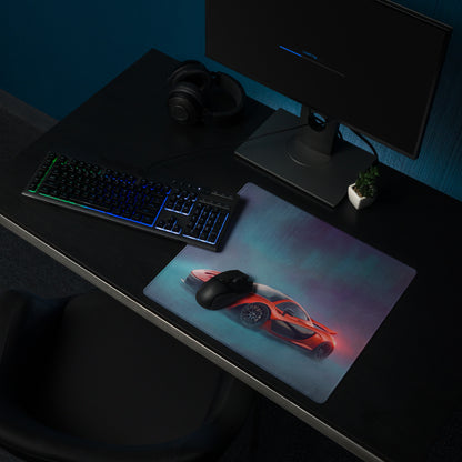 McLaren P1 inspired volcano red xl gaming mousepad with vibrant orange sports car and blue purple lighting effects