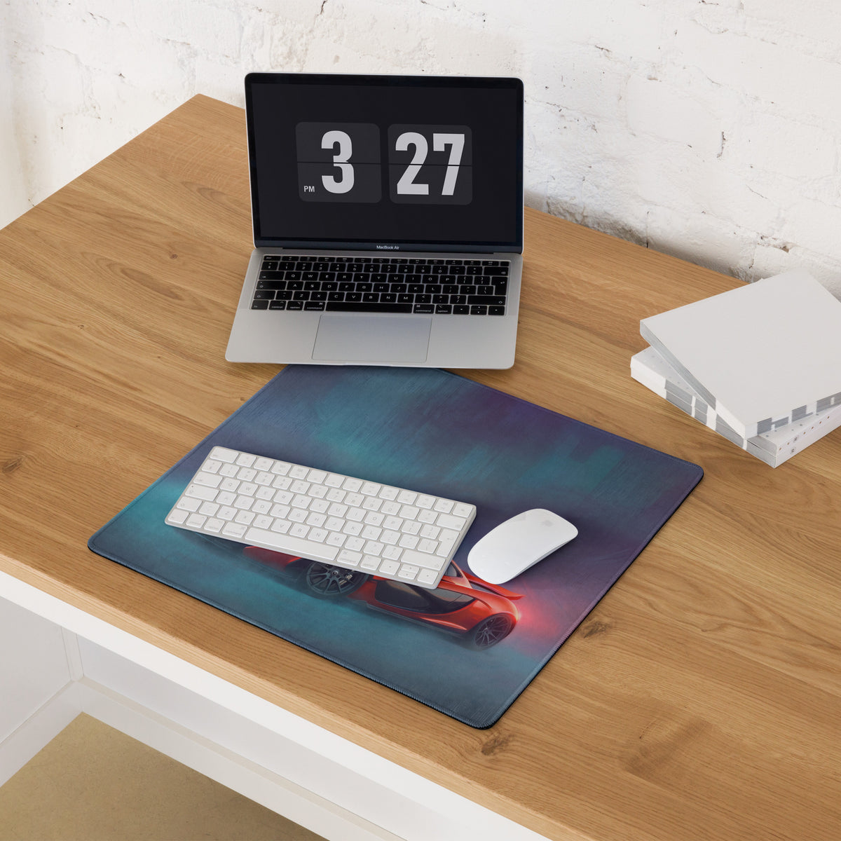 Rectangular high-precision xl gaming mousepad with vibrant red mclaren p1 graphic on teal and purple gradient background