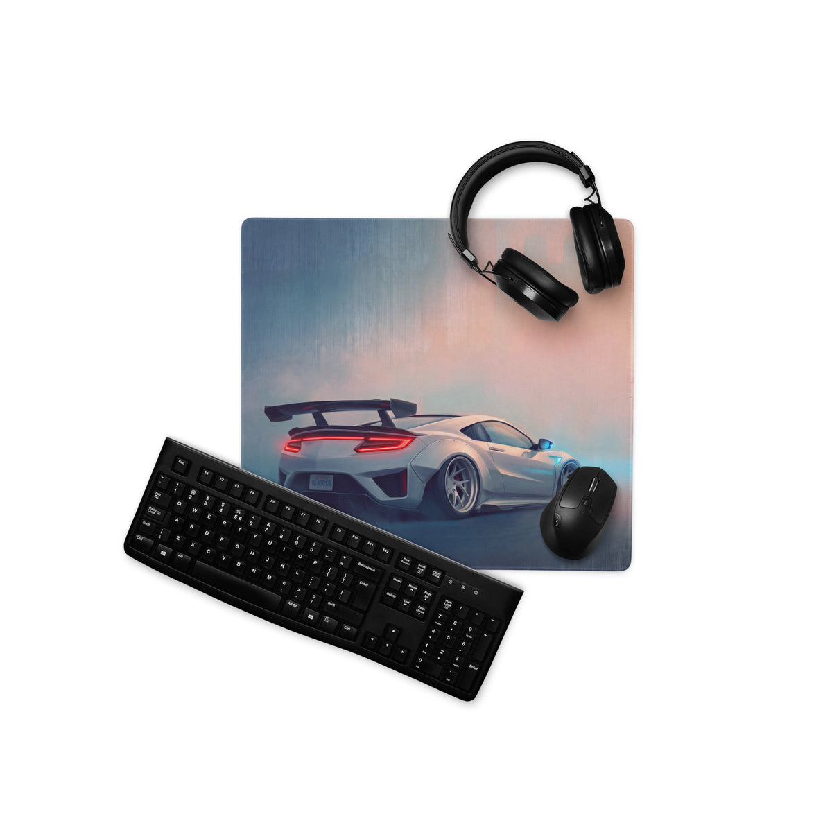 Acura NSX inspired pearl widebody rectangular gaming mousepad with a silver sports car and glowing red taillights design