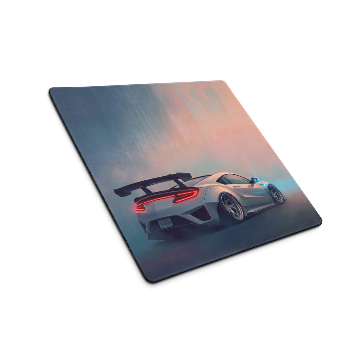 Acura NSX inspired pearl widebody desk pad featuring a silver sports car with red taillights and black rear spoiler