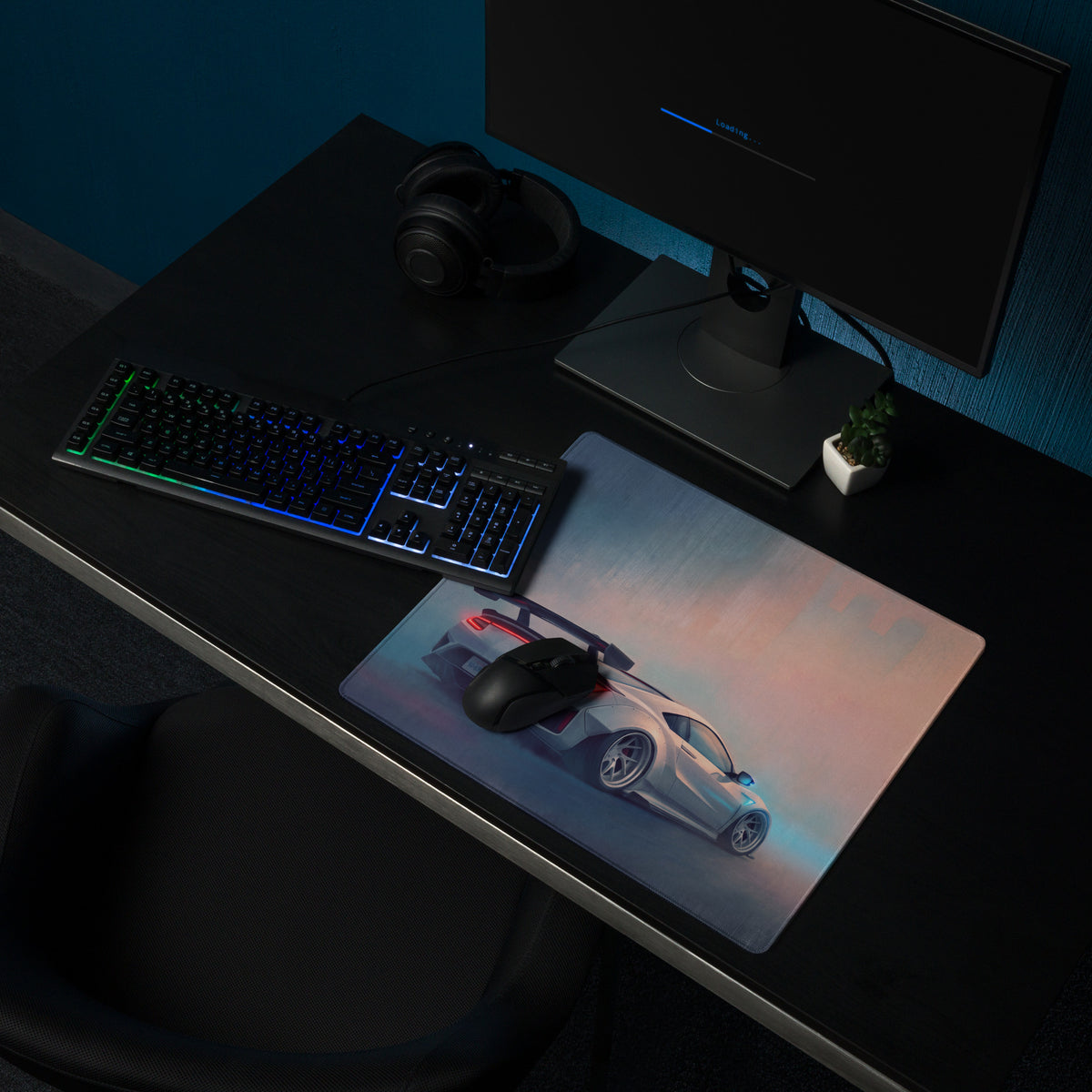 A sleek rectangular non-slip gaming mousepad featuring a white acura nsx widebody with red taillights on a gradient sky background