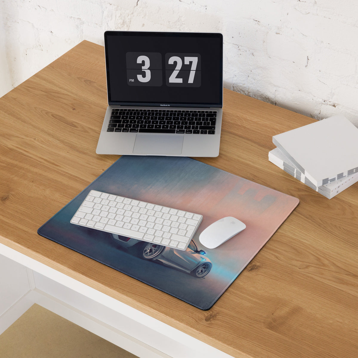 Rectangular non-slip pc mouse mat with Acura NSX inspired silver sports car on gradient blue to pink background