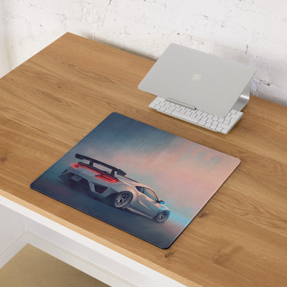 Acura nsx inspired pearl widebody desk pad featuring a sleek silver sports car with glowing red taillights on a gradient sky background