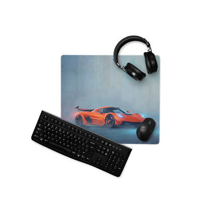 Koenigsegg jesko inspired tangelo drift desk pad with orange sports car graphic ultra-glide stitched edge mouse mat