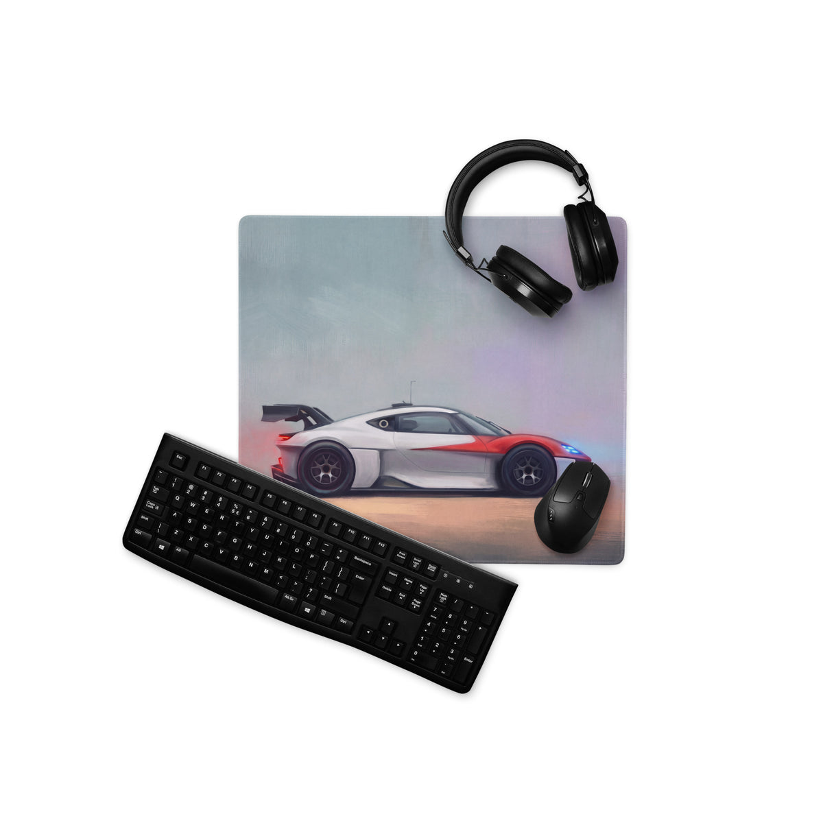 Black gaming keyboard with matte finish and standard qwerty layout on porsche mission r inspired rosso white livery desk mat