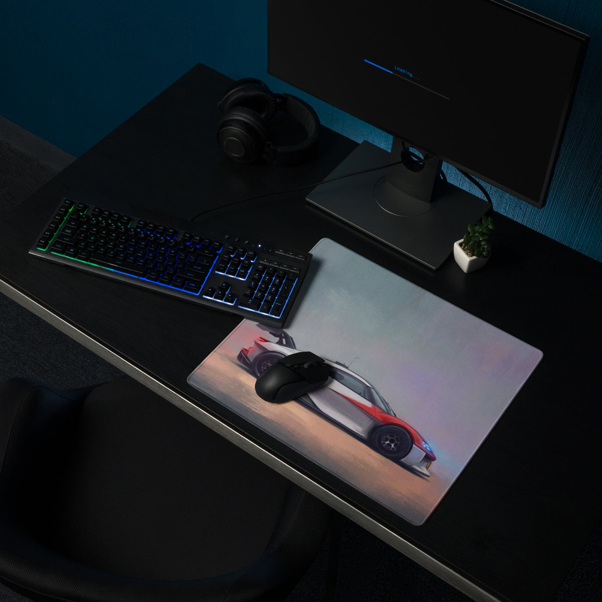 Rectangular gaming mousepad with low-friction surface featuring red and white porsche mission r inspired car design