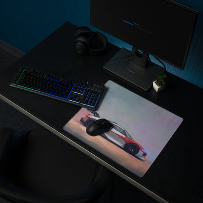 Rectangular gaming mousepad with low-friction surface featuring red and white porsche mission r inspired car design