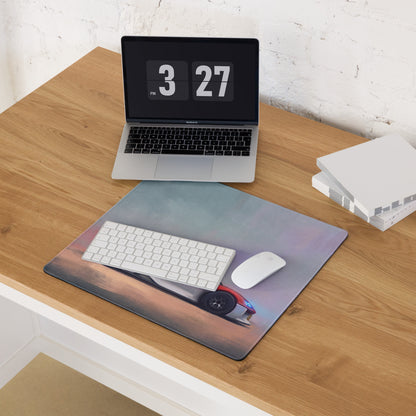 Rectangular mousepad with low-friction surface featuring red and silver porsche mission r inspired sports car design