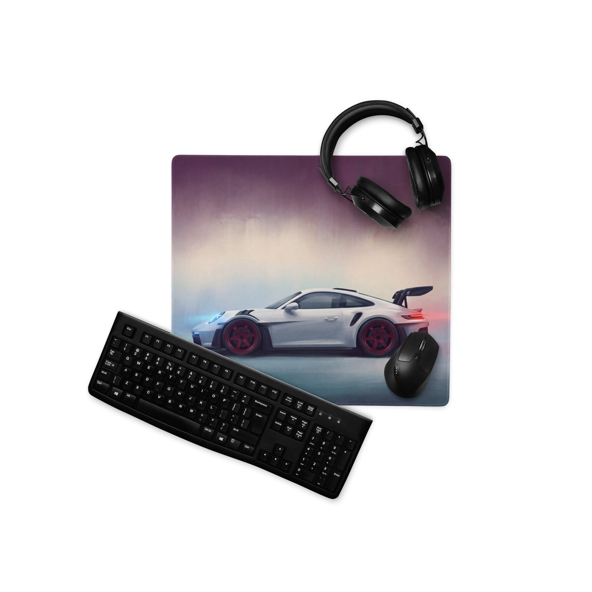 White porsche sports car graphic on a purple blue gradient porsche 911 gt3 rs inspired xl gaming desk mat