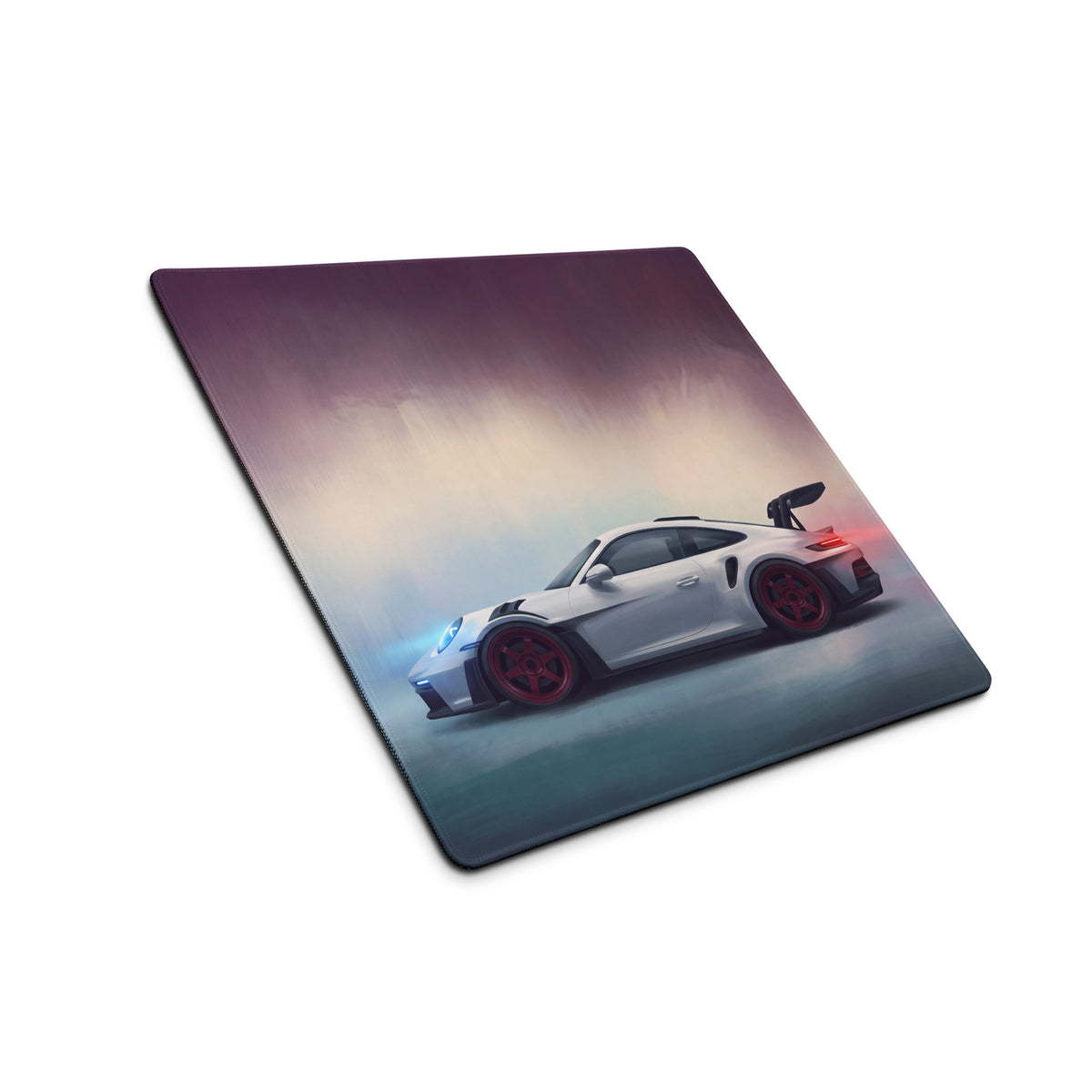 White Porsche 911 GT3 RS inspired chalk red accent desk mat with red wheels and rear spoiler for high precision gaming