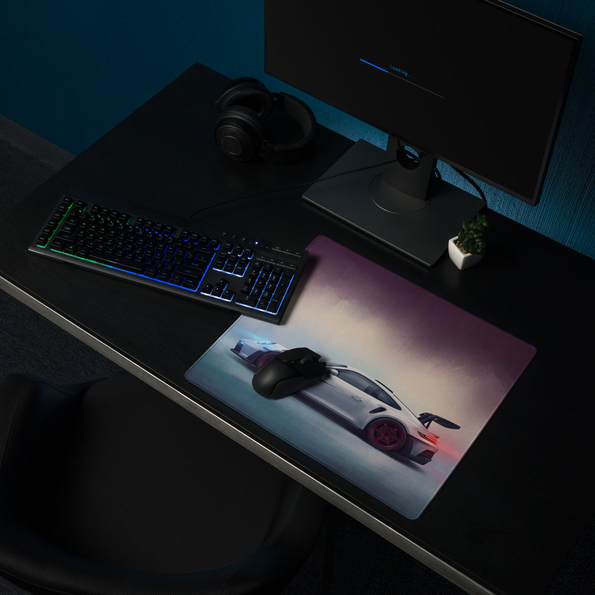 Porsche 911 GT3 RS inspired chalk red accent desk mat featuring a sleek white sports car graphic for gaming use