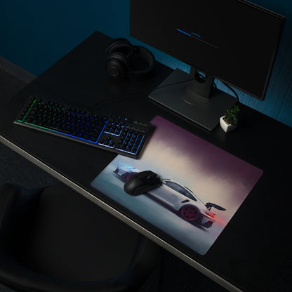 Porsche 911 GT3 RS inspired chalk red accent desk mat featuring a sleek white sports car graphic for gaming use