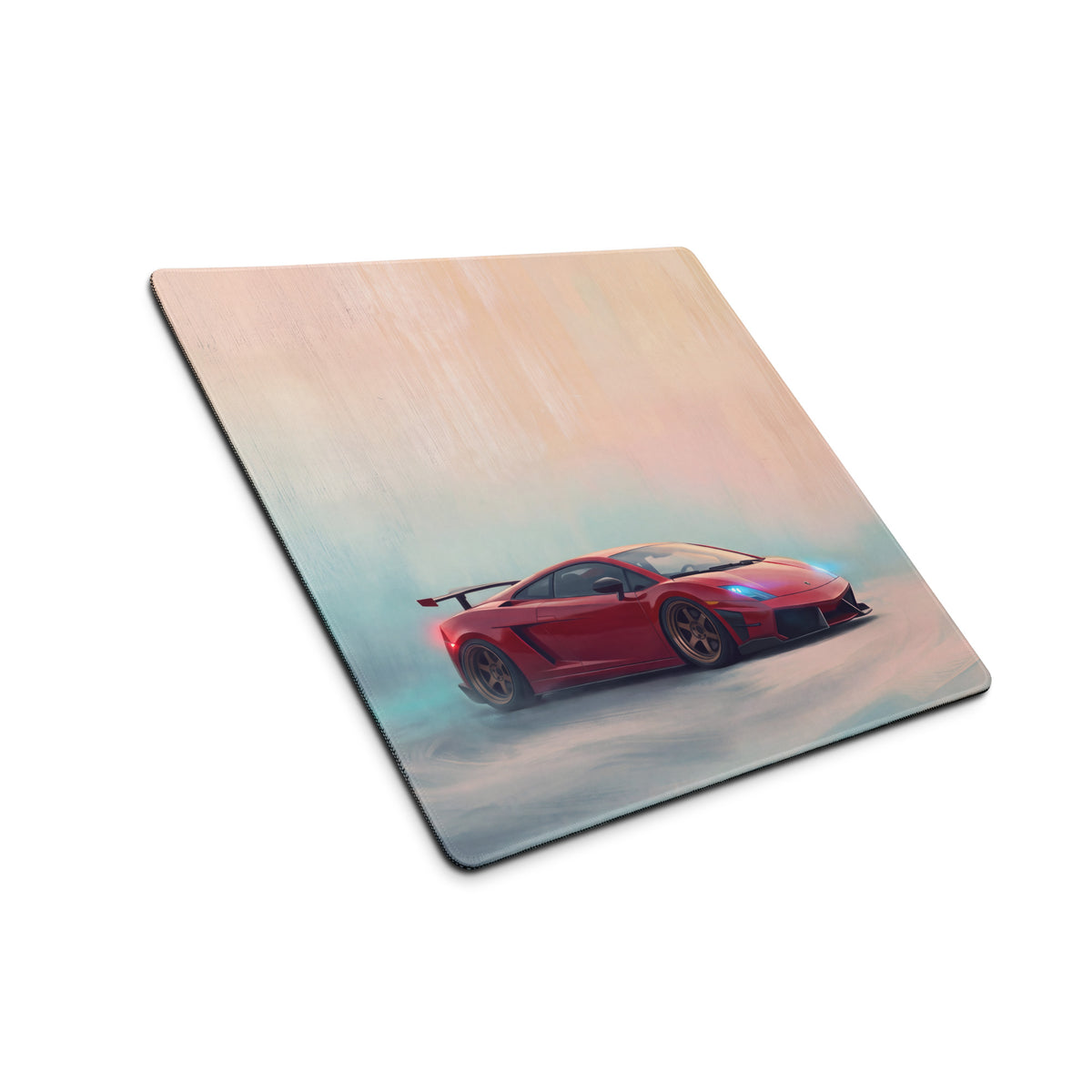 Red lamborghini gallardo inspired crimson drift desk pad featuring a red sports car graphic with stitched edges