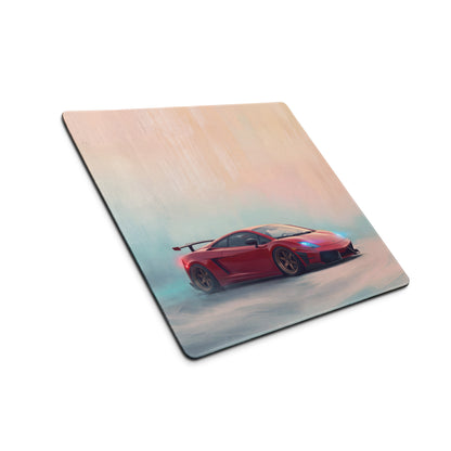Red lamborghini gallardo inspired crimson drift desk pad featuring a red sports car graphic with stitched edges