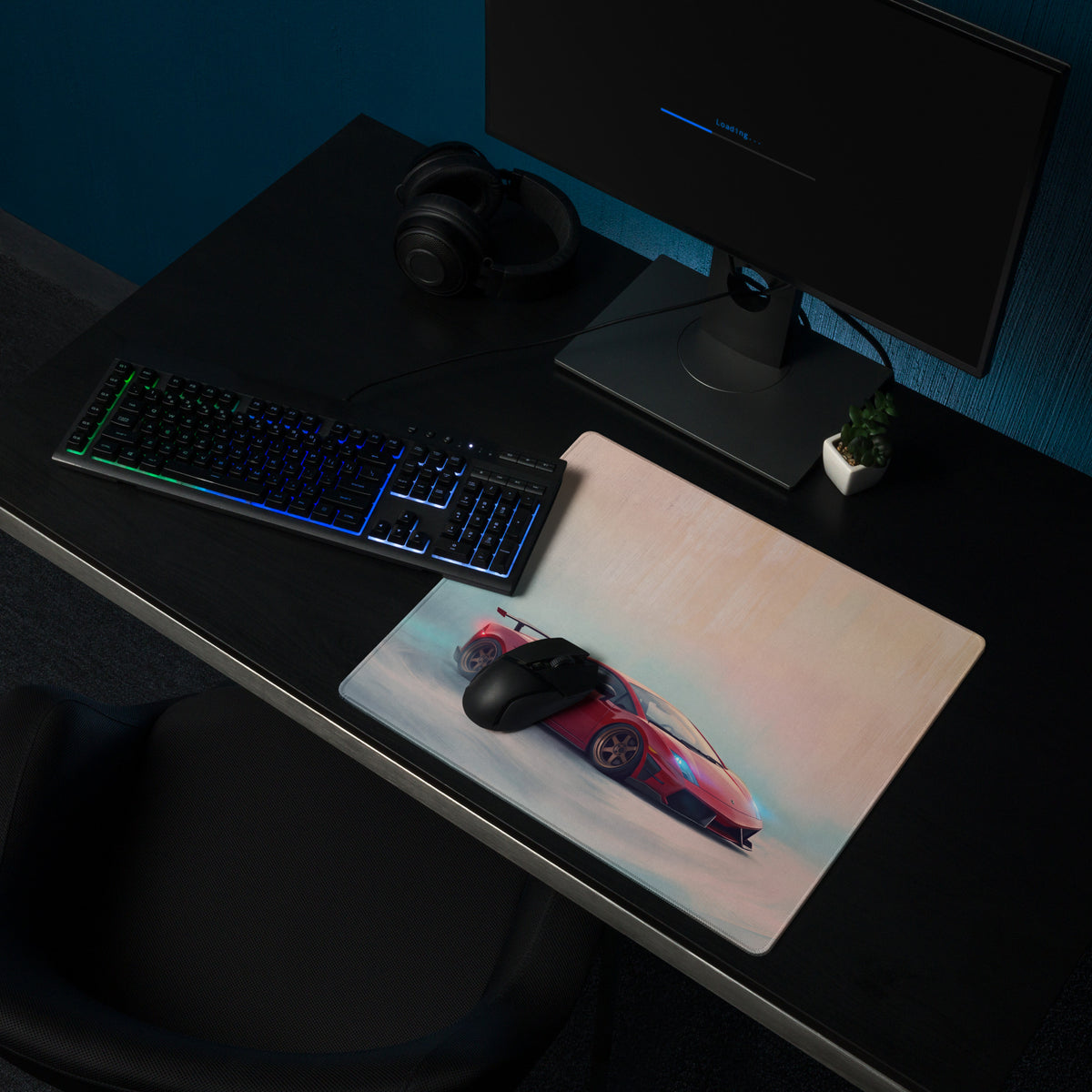 Lamborghini Gallardo inspired crimson drift desk pad with red sports car graphic ultra-glide stitched edge mouse mat