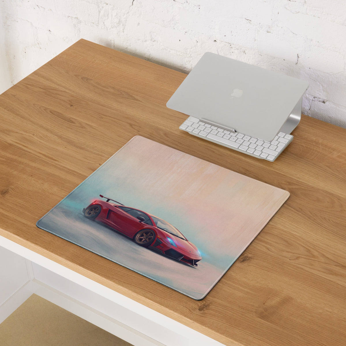 Red Lamborghini sports car graphic printed on a crimson drift rectangular stitched edge gaming mousepad
