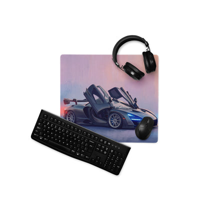 Black low-friction cloth gaming mousepad featuring a vibrant dark gray mclaren senna with open doors on pink blue sky
