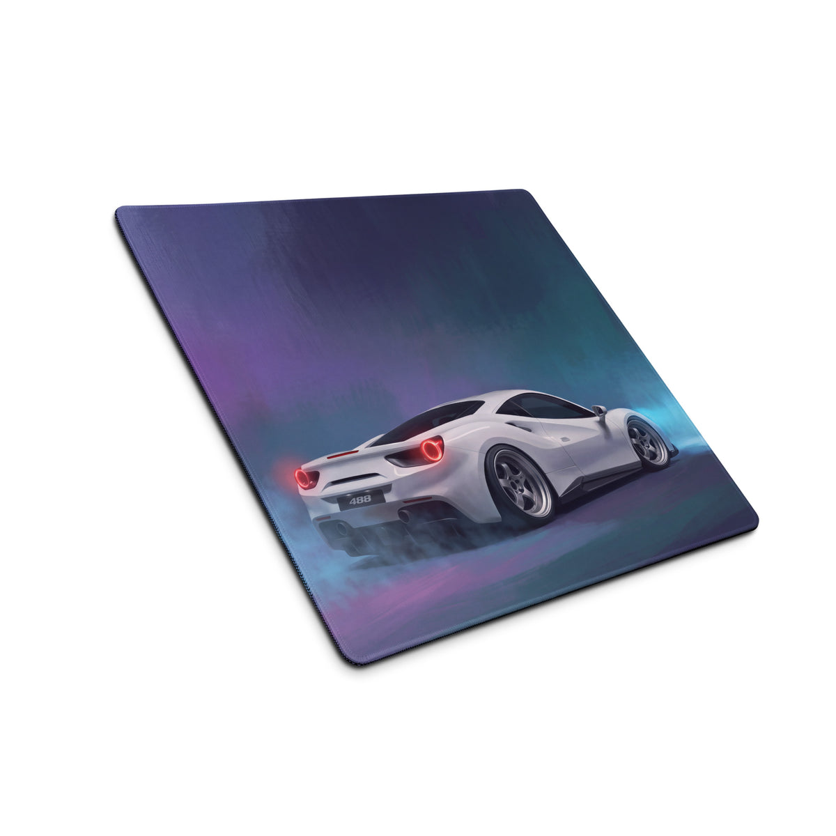 Ferrari 488 inspired pearl white extended non slip pc mouse mat with white ferrari 488 graphic on purple blue background