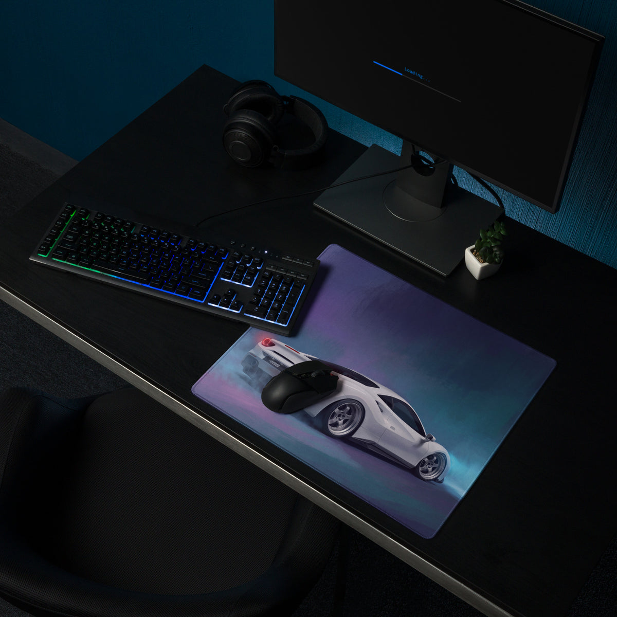 Ferrari 488 inspired pearl white extended gaming mousepad with non-slip surface and vibrant white sports car graphic