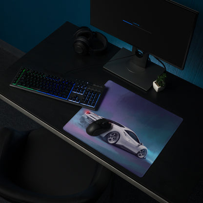 Ferrari 488 inspired pearl white extended gaming mousepad with non-slip surface and vibrant white sports car graphic