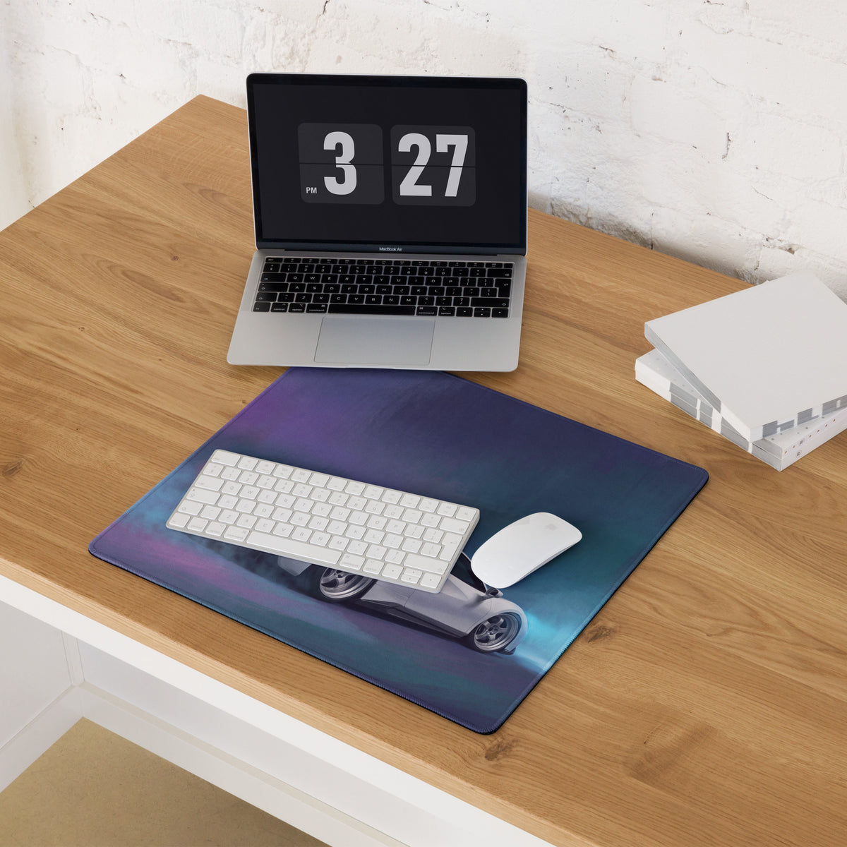 Rectangular ferrari 488 inspired pearl white desk pad with a vibrant purple and blue gradient and silver sports car design