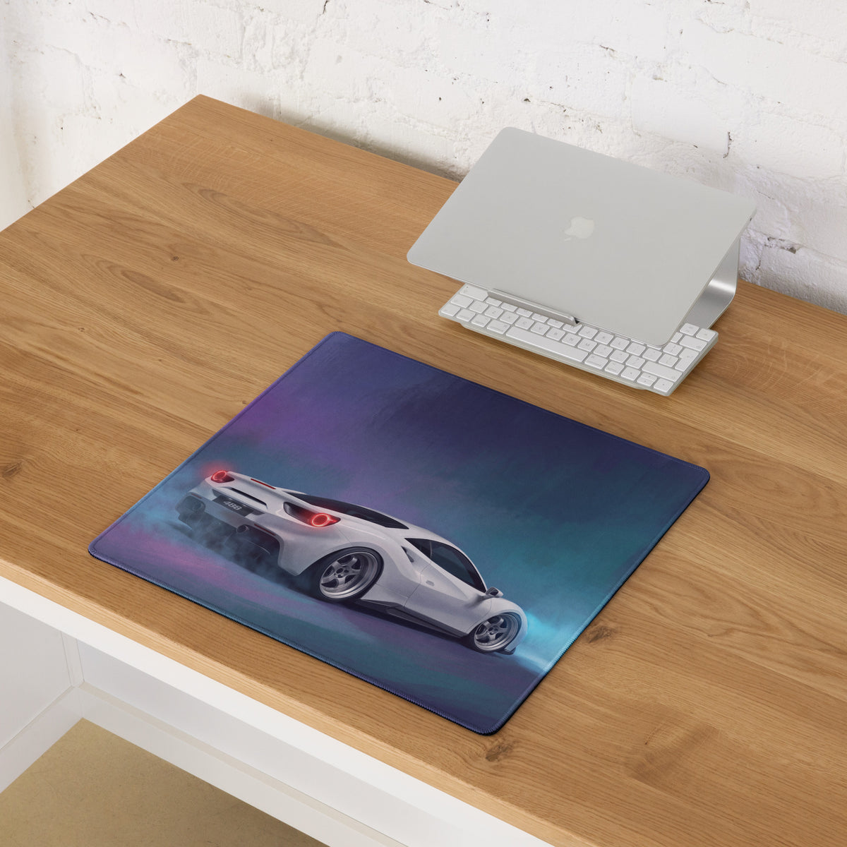 Rectangular non-slip pc mouse mat featuring a white Ferrari 488 sports car on a gradient blue and purple background