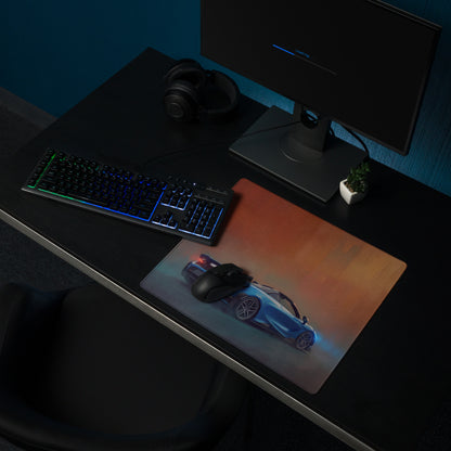 A rectangular high precision xl gaming mousepad with vibrant gradient and blue mclaren 765lt sports car design