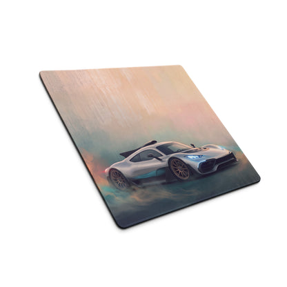 Silver and teal racing car illustration on a rectangular wooden mercedes amg one inspired hyper silver mist desk pad mousepad