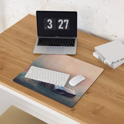 Mercedes amg one inspired hyper silver mist desk pad with vibrant futuristic silver sports car graphic and stitched edge