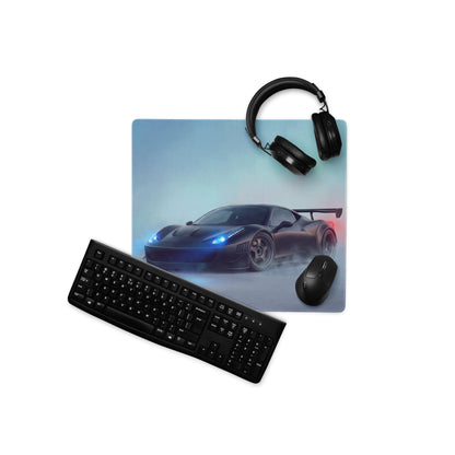 Black ferrari 458 inspired stealth matte desk pad with glossy dark sports car graphic and blue red lighting effects
