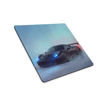 Ferrari 458 inspired stealth matte black extended non-slip desk pad with black sports car graphic and blue red lighting accents