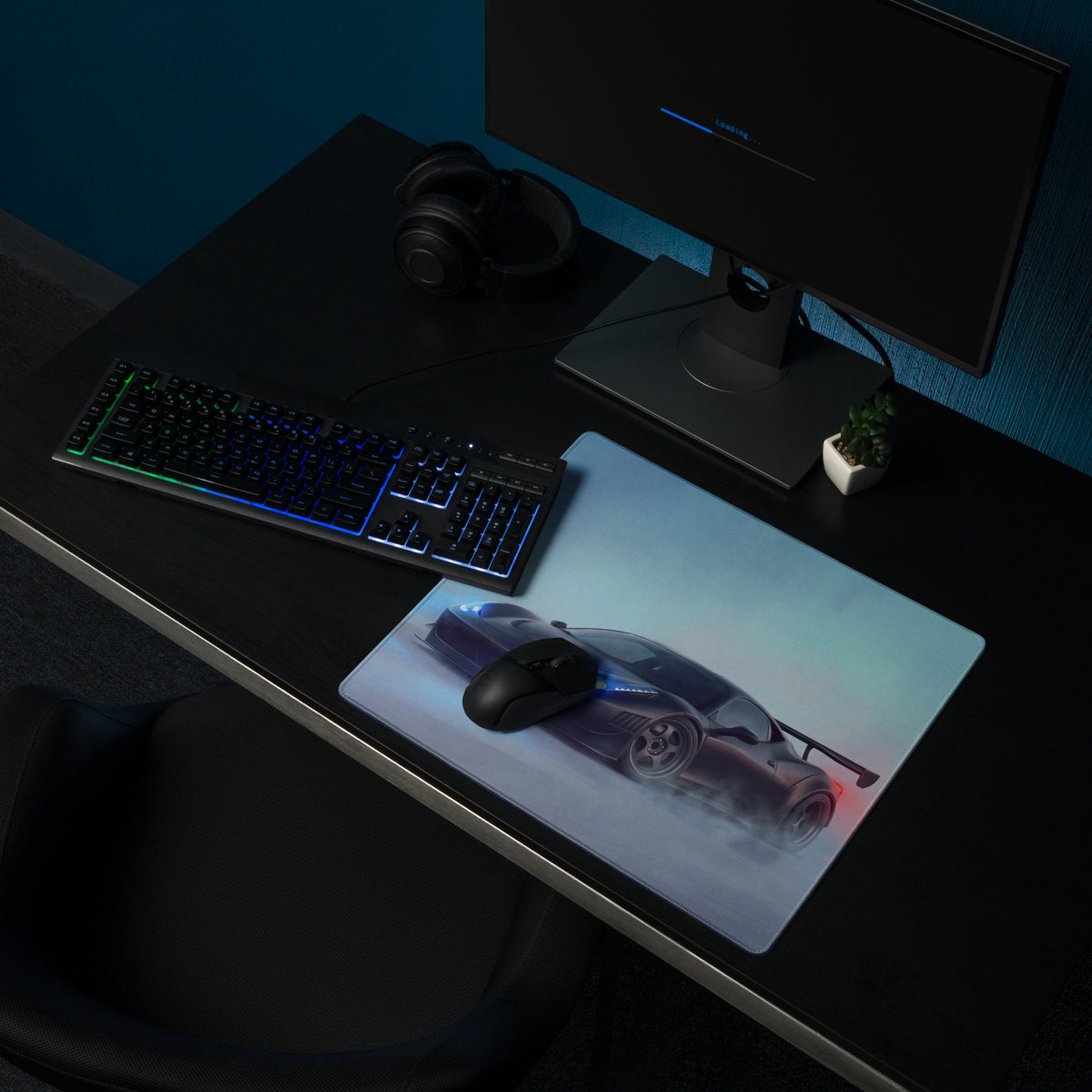Ferrari 458 inspired stealth matte black extended desk pad with vibrant futuristic purple sports car graphic