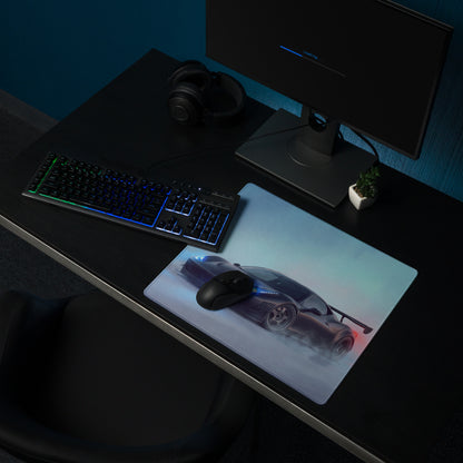 Ferrari 458 inspired stealth matte black extended desk pad with vibrant futuristic purple sports car graphic
