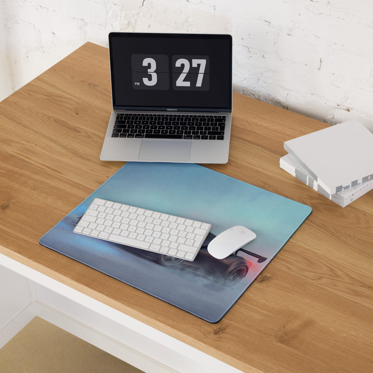 Ferrari 458 inspired stealth matte black extended non-slip pc mousepad with blue gradient camera graphic and red light detail