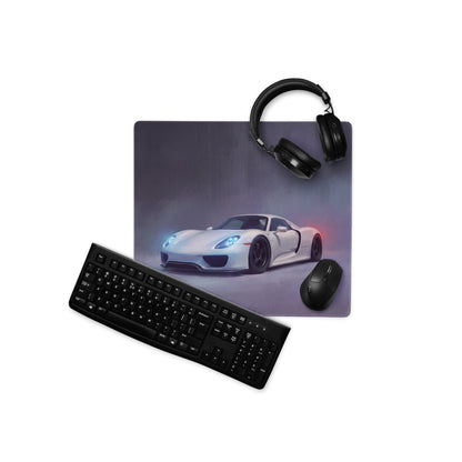 Porsche 918 spyder inspired pearl white desk pad featuring a white sports car graphic ultra-glide stitched edge mouse mat