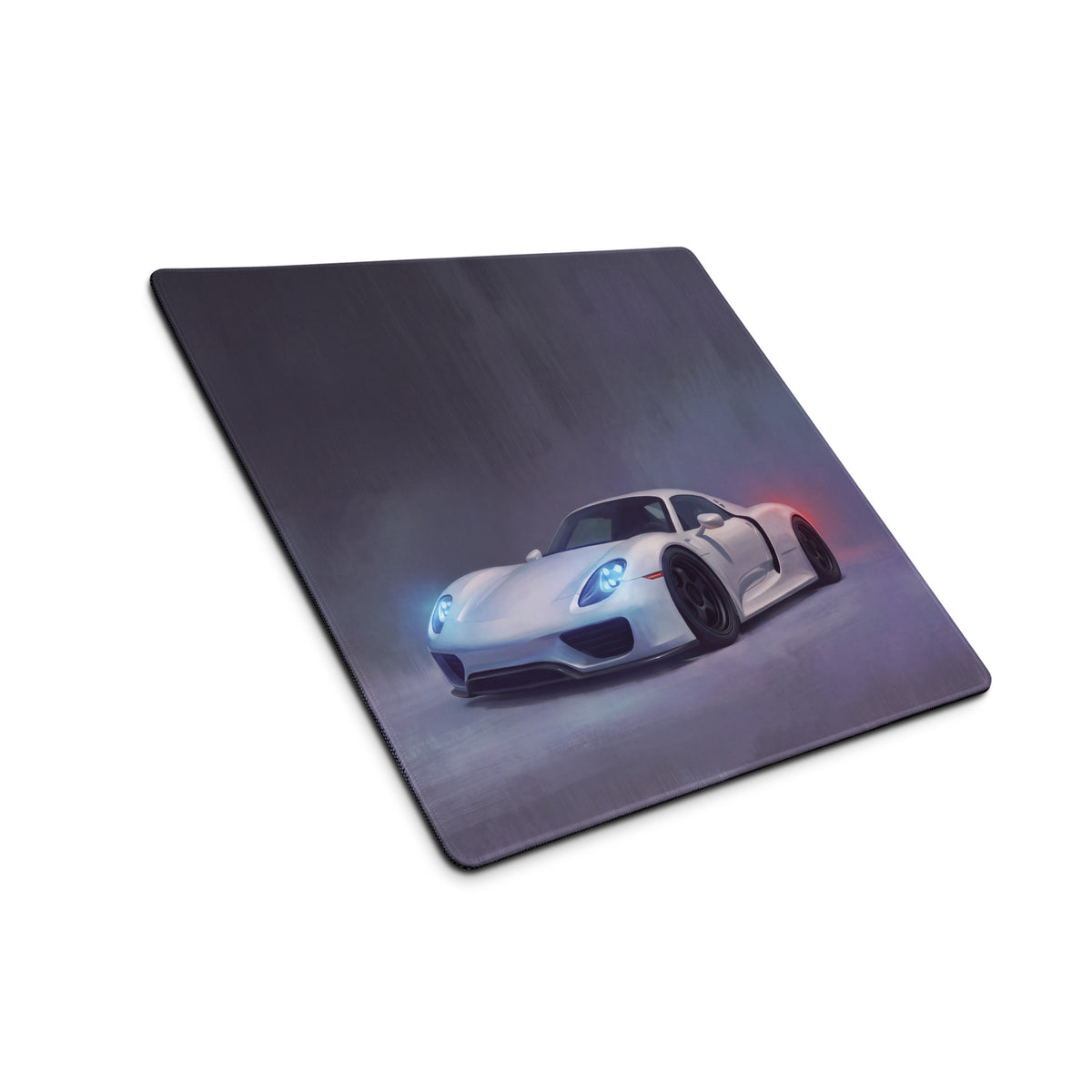 White porsche 918 spyder graphic on dark gray stitched edge gaming mousepad ultra-glide desk pad