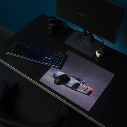 Porsche 918 spyder inspired pearl white gaming mousepad with ultra-glide surface and stitched edges featuring white sports car graphic