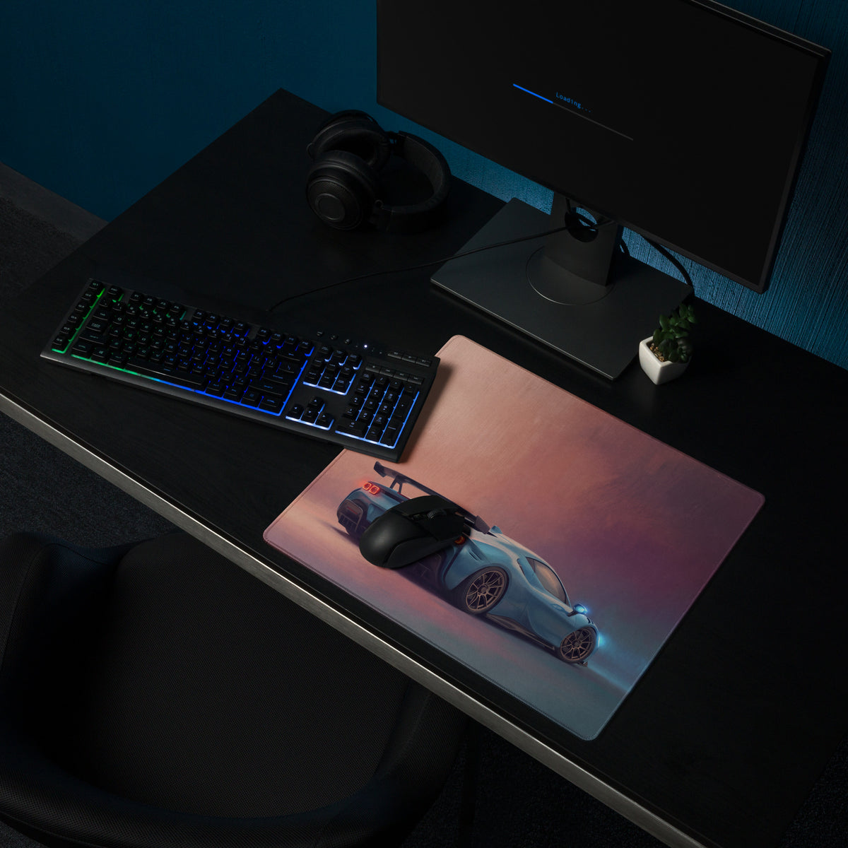 Ferrari sf90 xx inspired azure apex desk mat featuring a vibrant futuristic light blue sports car on low-friction cloth