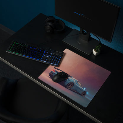 Ferrari sf90 xx inspired azure apex desk mat featuring a vibrant futuristic light blue sports car on low-friction cloth