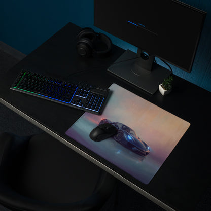 Porsche 918 spyder inspired midnight blue extended non slip gaming mousepad with futuristic blue sports car graphic