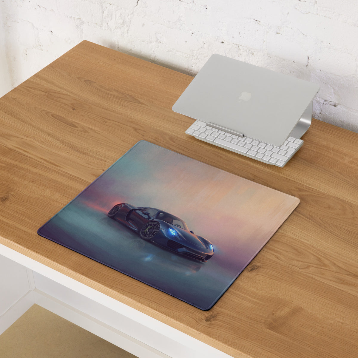 Rectangular non-slip mousepad featuring a glossy printed image of a dark blue Porsche 918 Spyder sports car