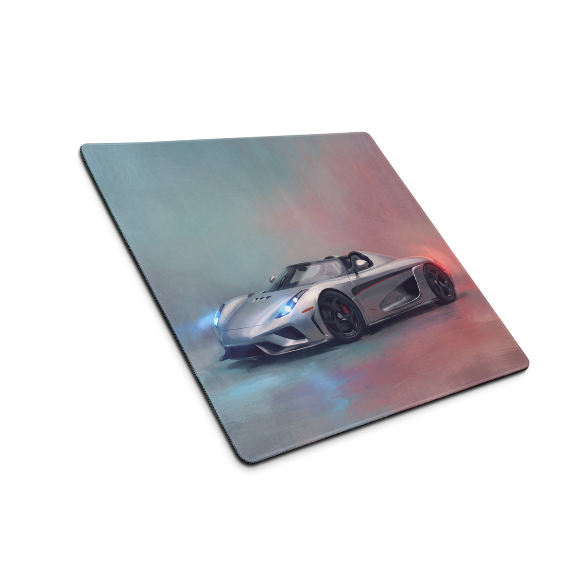 Silver Koenigsegg hypercar illustration on a silver apex desk mat with soft gradient background for gaming use