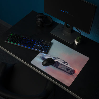Koenigsegg regera inspired silver apex desk mat with vibrant silver sports car graphic and red blue lighting effects