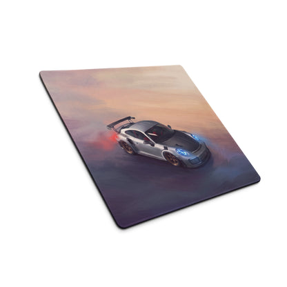 Porsche 911 gt2 rs inspired silver and black sports car graphic printed on a stitched edge ultra glide desk pad
