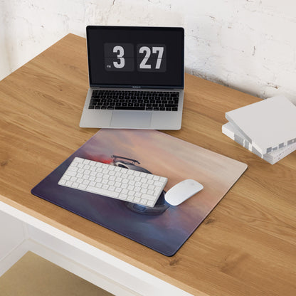 Porsche 911 GT2 RS inspired silver weissach desk pad with ultra-glide stitched edge featuring vibrant racing car design