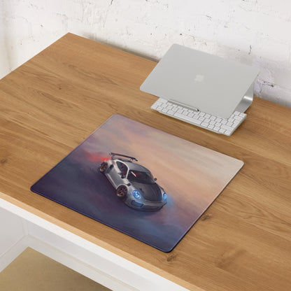 Silver and black porsche 911 gt2 rs inspired sports car graphic printed on rectangular stitched edge mousepad