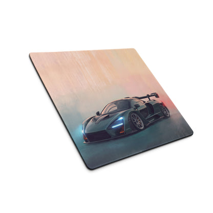 Dark green mcLaren Senna inspired low-friction cloth desk mat featuring a sports car illustration on a gradient background