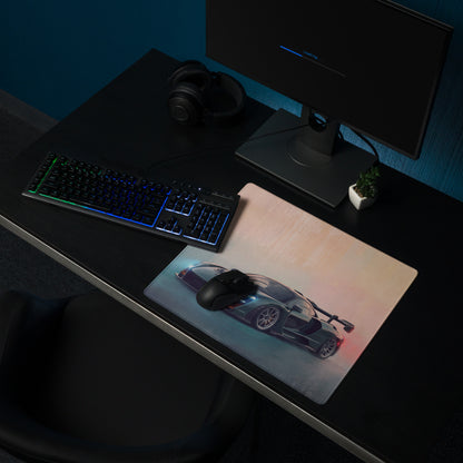A sleek rectangular low-friction cloth mousepad in British racing green featuring a dark gray McLaren Senna graphic with blue accents