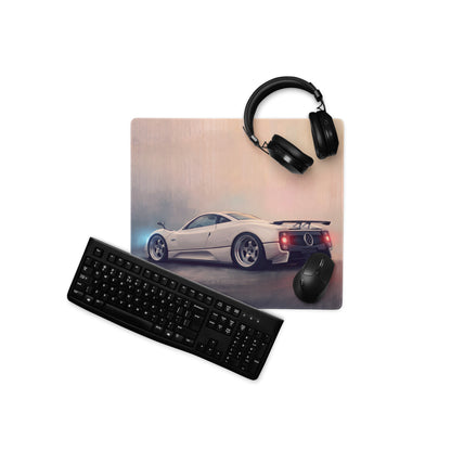 Pagani Zonda inspired pearl white rectangular non slip desk pad with detailed white sports car print and glowing accents